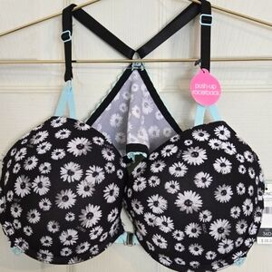 🔮 XOXO Black & White Floral Racerback Front Clasp Push-Up Bra With Blue Lace